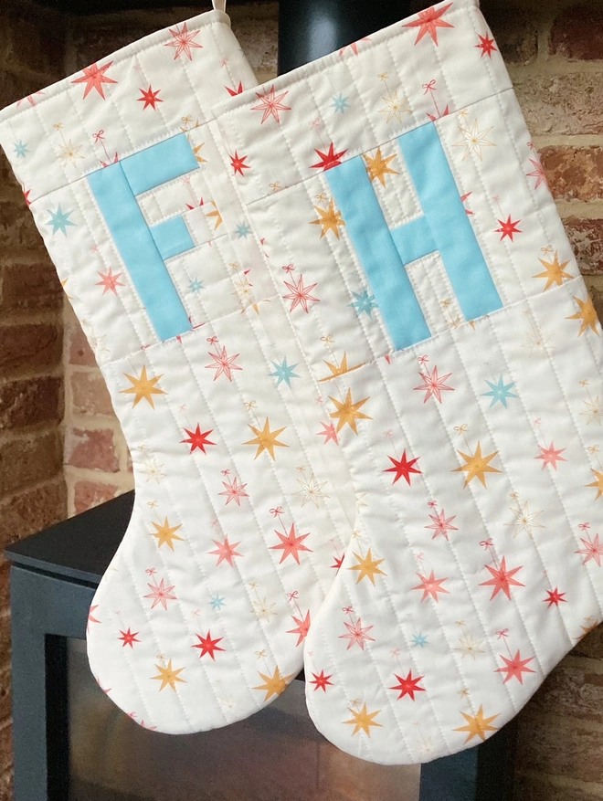 Cooper and Fred Personalised Stars Quilted Christmas Stocking with Blue Letter