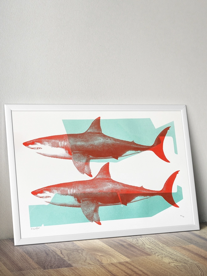 Shark Tank (Turquoise And Red) - Screen Printed Shark Poster - mock up in a frame