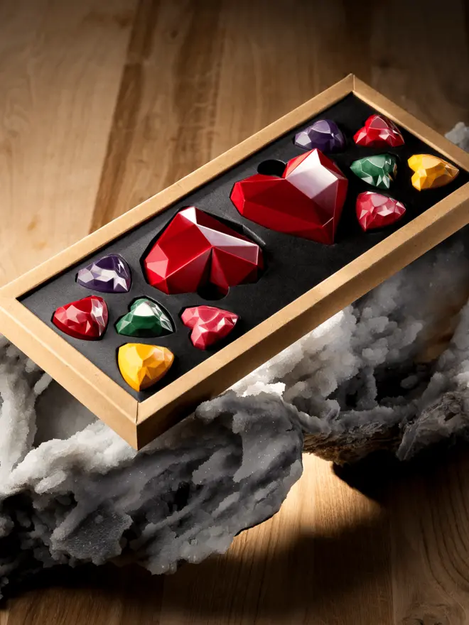 two big hearts and 10 small hearts chocolate in a box. Wooden background.