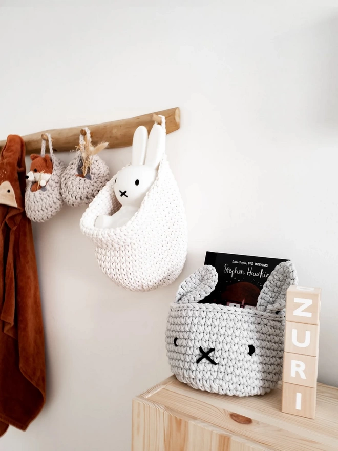 hand crocheted nursery bunny basket light grey Zuri House