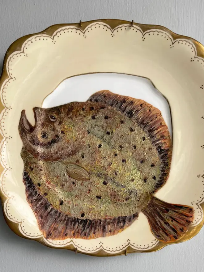 Oil Painted Plaice On A vintage Cake Plate.