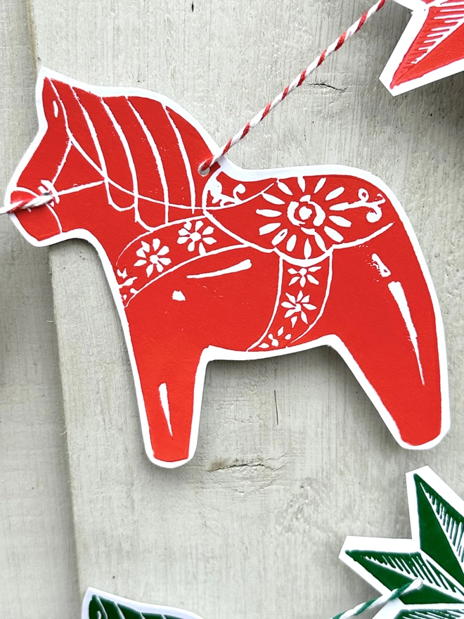 Traditional Nordic Dala Horse Christmas Linocut Garland