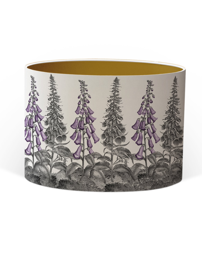 Mountain and Molehill – Fox in Foxgloves lampshade on a white background gold inner