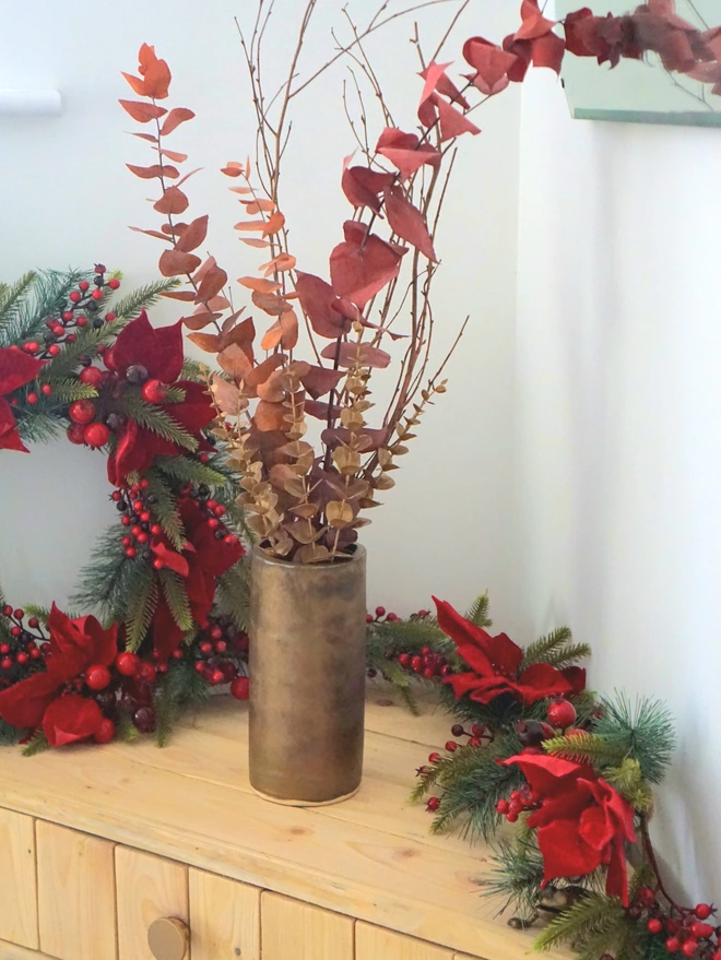 christmas vase, large gold vase, metallic vase, gold ceramic vase, bronze ceramic vase, statement vase, Christmas homeware, christmas accessories, gold christmas decor, Jenny Hopps Pottery