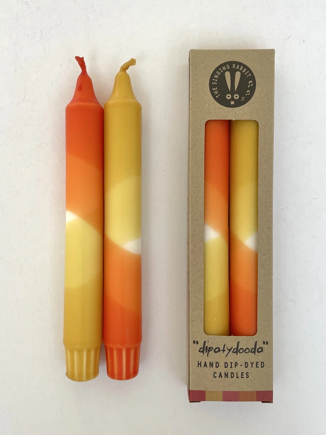 Rust Red & Mustard Yellow Dip Dyed Dinner Candles (Set Of 2)