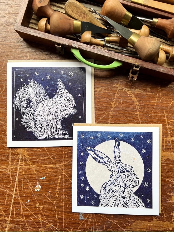 red squirrel and hare snowflake cards