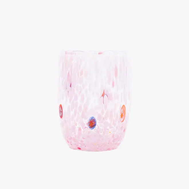round tumbler glass with pink splotches