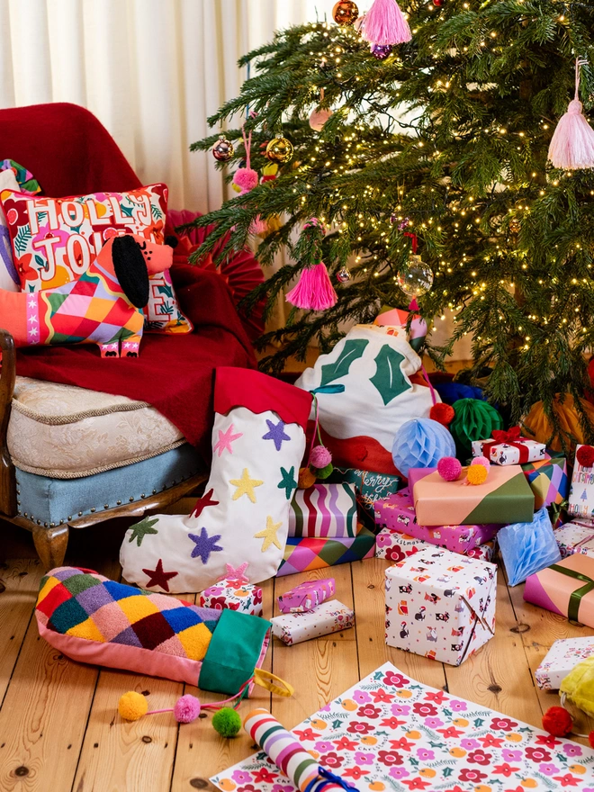 Colourful Tufted Stars Christmas Stocking | Raspberry Blossom