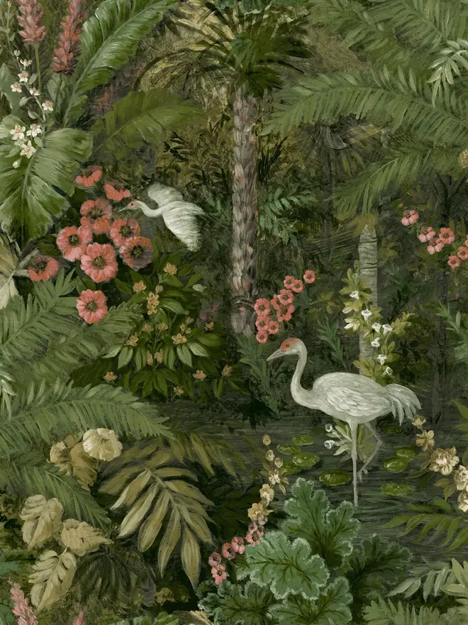 Forest Flight of the Cranes wallpaper with a white crane, flowers and green foliage