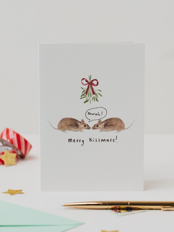 Kissing mice under the mistletoe Christmas Card