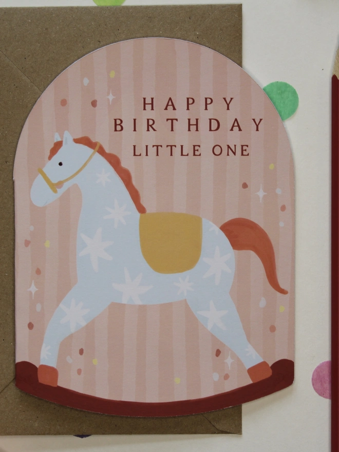 Happy birthday little one rocking horse arch shape card