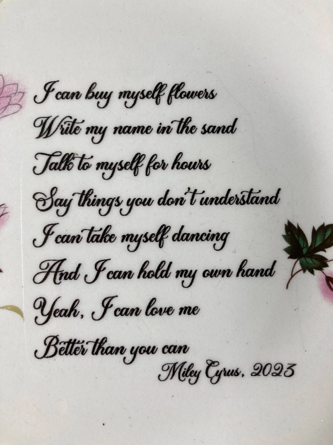 Lyrics plate, Miley Cyrus, Flowers, Miley Cyrus FlowersVintage plate, china plate, hand printed plate, original gift, cool gift, unique gift, ceramic plate, wall art