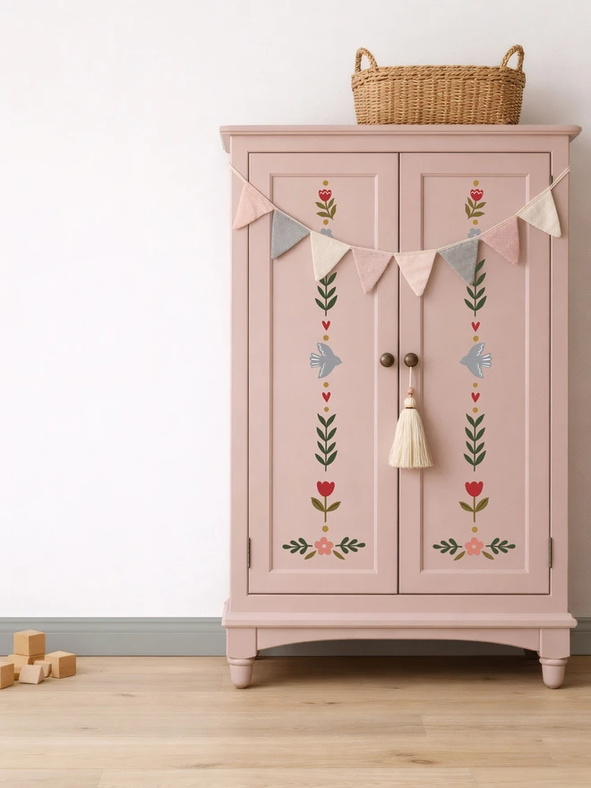 Ducks In A Row Folk Bird Fabric Wall Stickers in girls bedroom on pink wardrobe