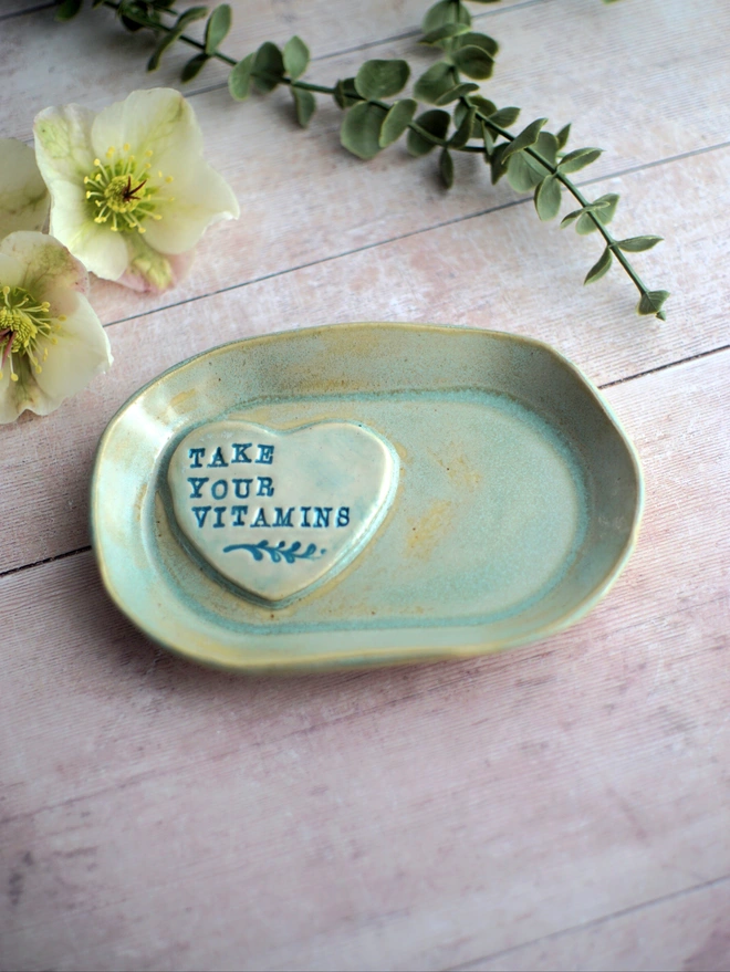 Take your vitamins dish, vitamin dish, ceramic trinket dish, ceramic jewellery dish, Jenny Hopps Pottery