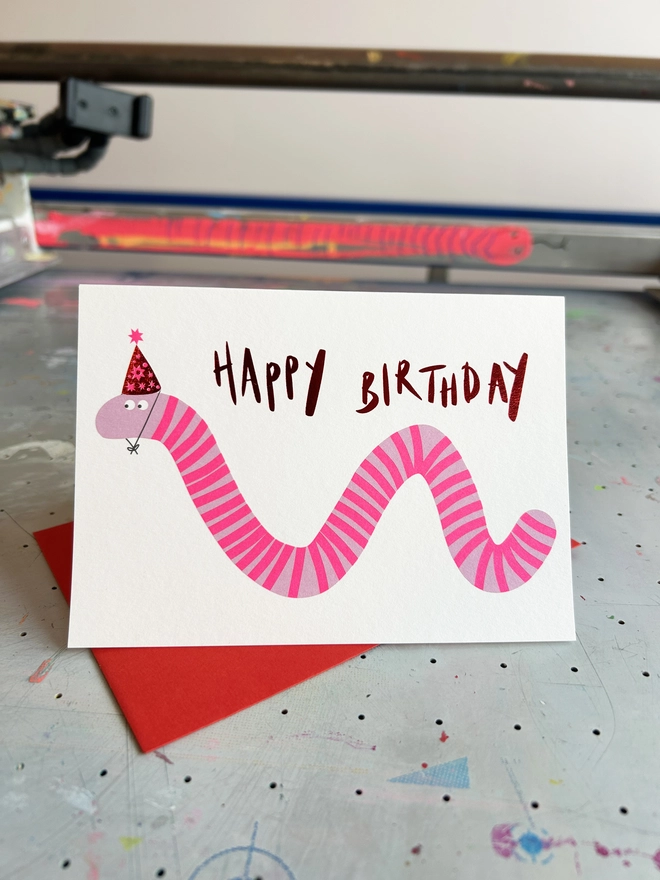 Foiled Red Happy Birthday Card, hannah Carvell, neon pink worm