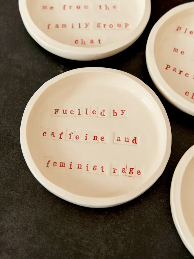 Fulled by caffeine and feminist rage ceramic plate 