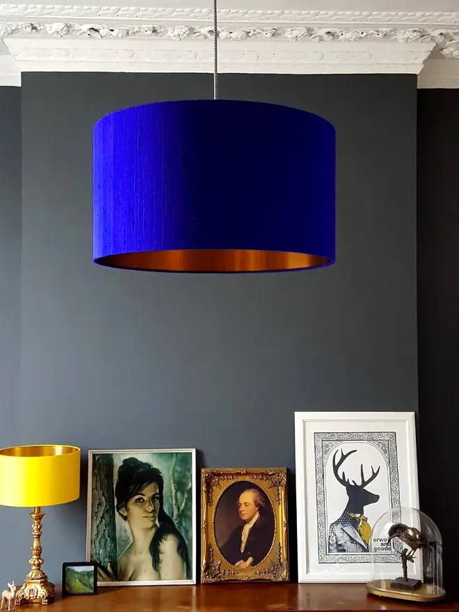 Electric Blue Silk Handmade Lampshade With Copper or Gold Foil Lining, 