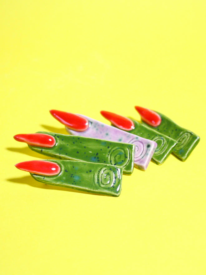 Witches Fingers Ceramic Halloween Brooch Purple