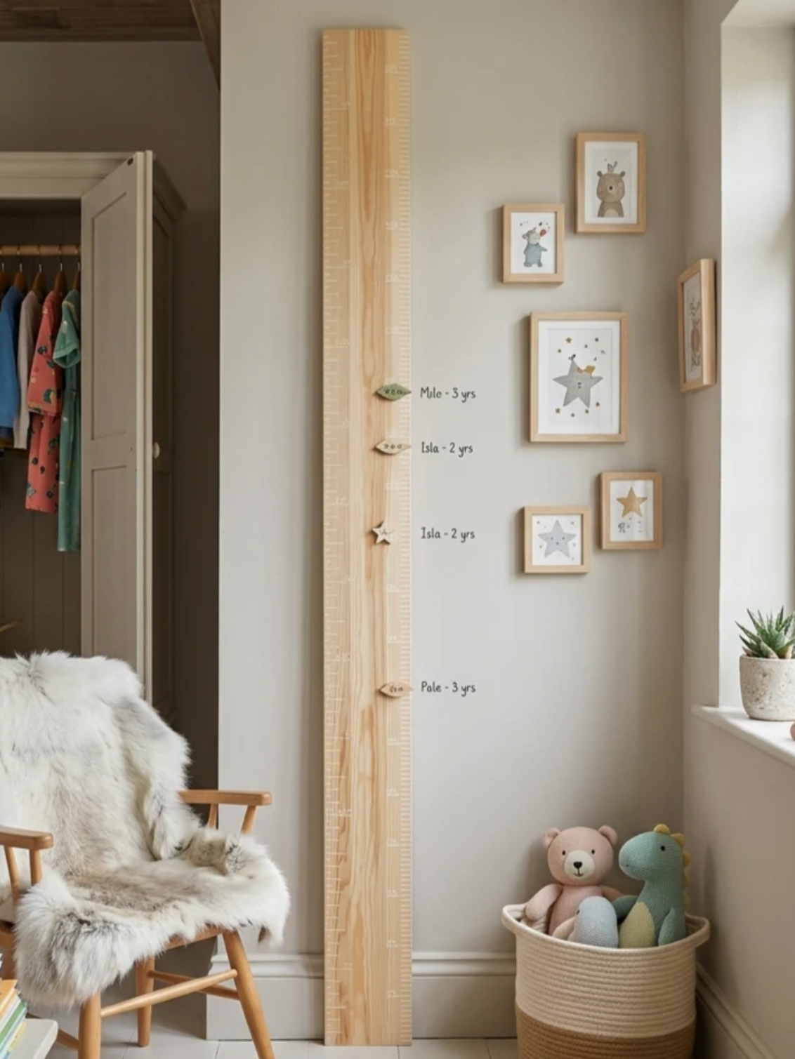 Raw Redwood Ruler Height Chart. A wooden height chart with a white finish leaning on a child’s wall.