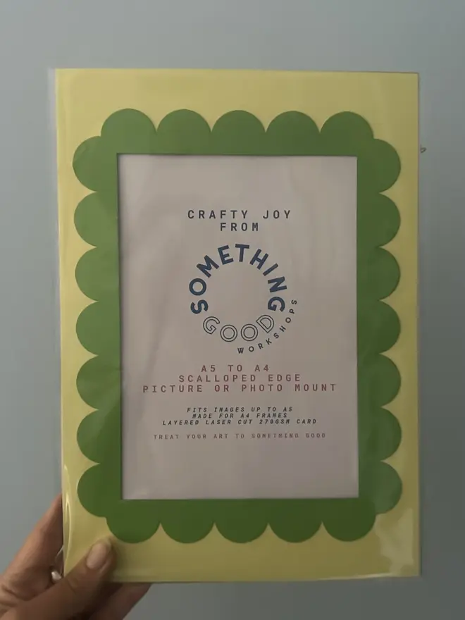 Scallop Edged A5 / A4 photo mount. green and yellow mount photographed against grey background.