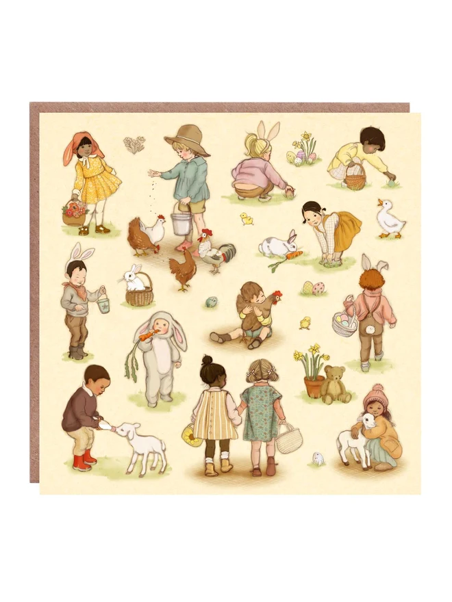 a flat lay of an Easter card showing a vintage style illustration of children doing Easter things. Drawn in a story book style illustrations of little children Easter egg hunting, feeding rabbits, hugging lambs laid on a Kraft envelope, the card and envelope are square