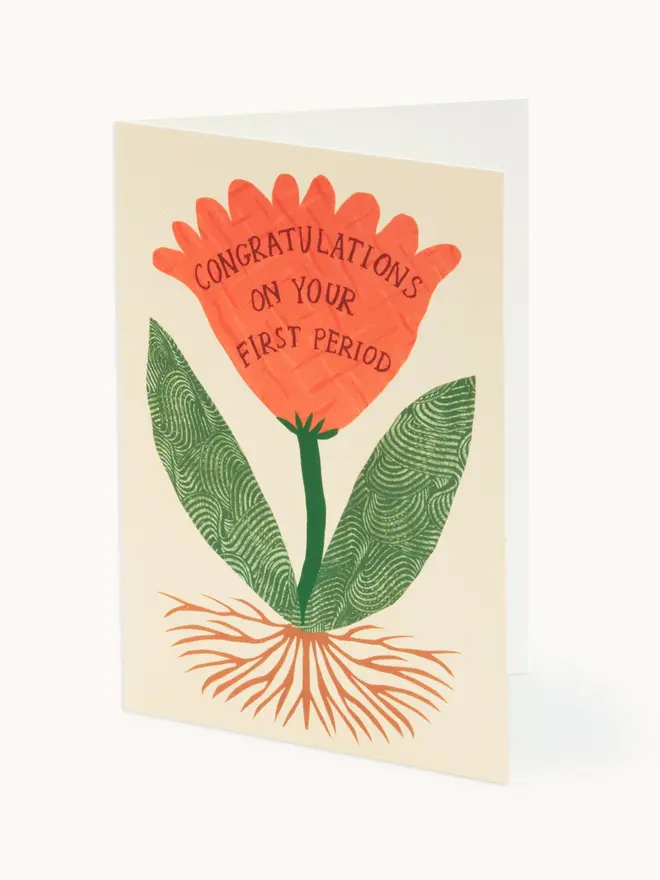 white card with red and green flower