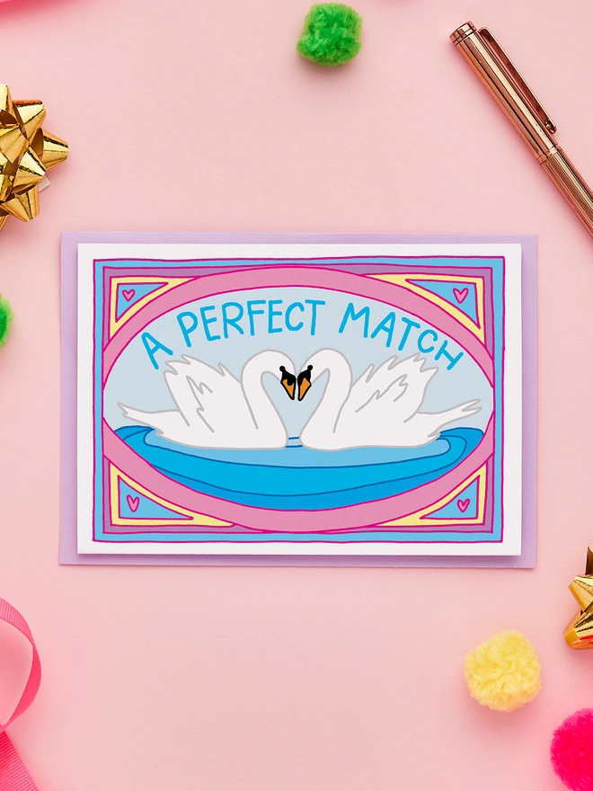 A Perfect Match Wedding or Anniversary Card Featuring Two Swans