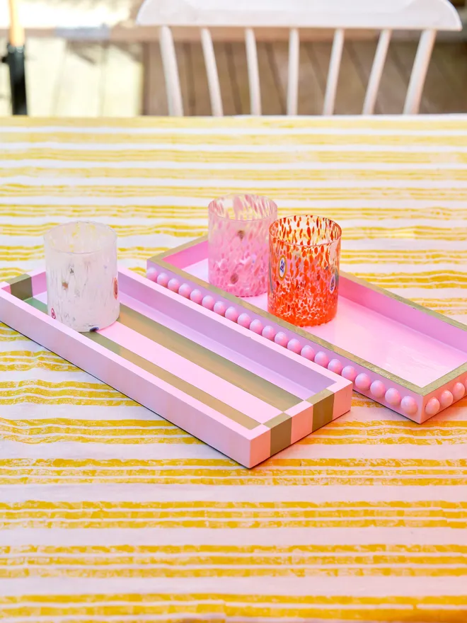 Pink Bobbin Style Decorative Tray with Green Edge