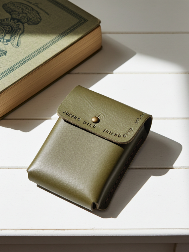 olive green leather deck of cards holder
