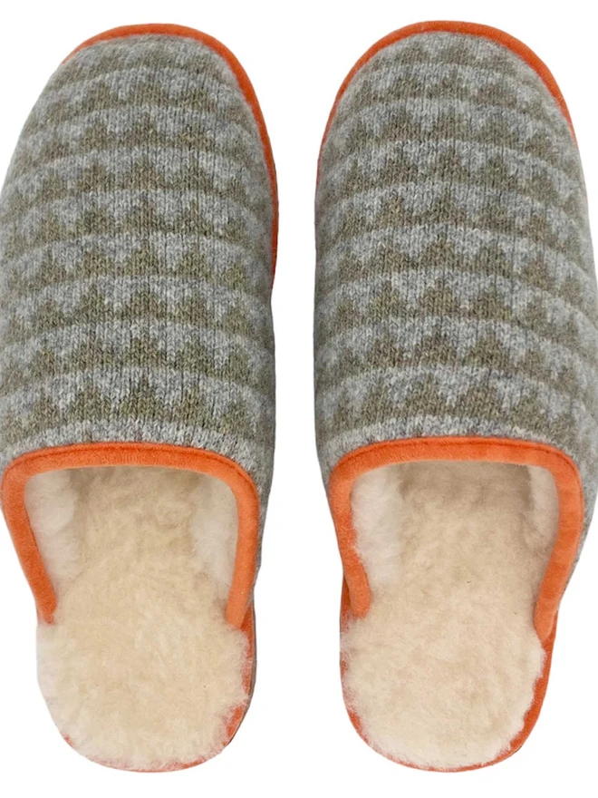 Lambswool & Sheepskin Slippers, a pair of colourful lambswool and sheepskin slippers sitting on a plain white surface. 