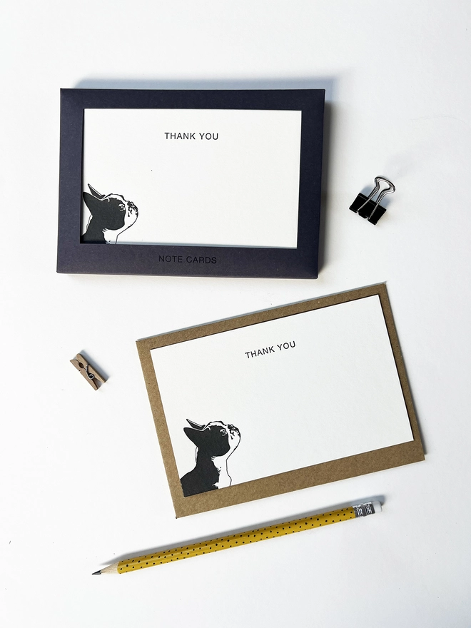 Boxed flat correspondence cards illustrated with a French bulldog