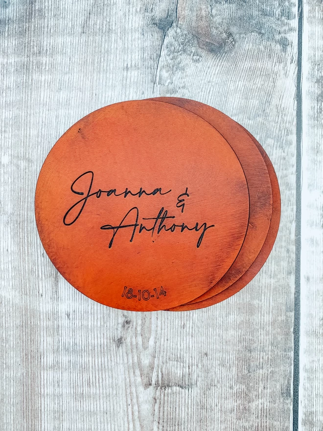 Tan leather couples anniversary coaster completely with wedding anniversary date.