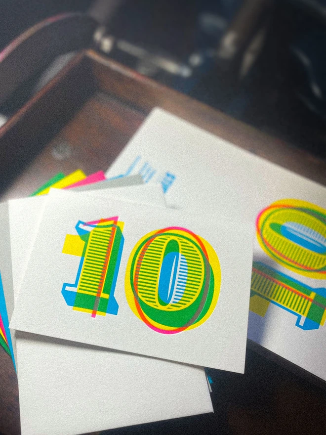 10th birthday anniversary typographic letterpress card. Deep impression print. Unique with no print being the same. They show slight colour variations adding to the style. Also available in other milestones : 1, 2, 3, 18, 21, 30, 40, 50, 60, 70, 80.
