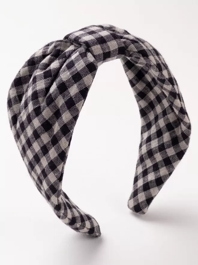 Vanessa Rose Ines Hairband in Washed Black Gingham seen standing.