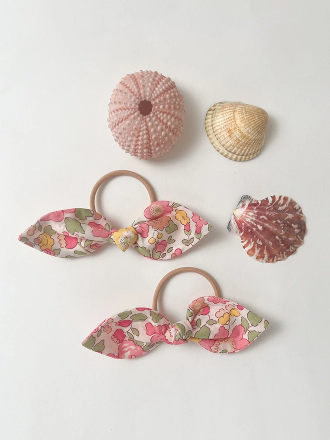 Liberty hair Bobbles For Girls hair Ties In Liberty Print shown with Shells