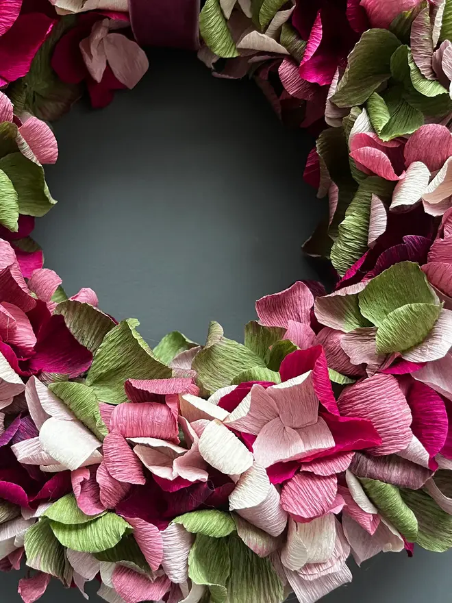 Green, Pink, Plum & Taupe Crepe Paper Christmas Wreath