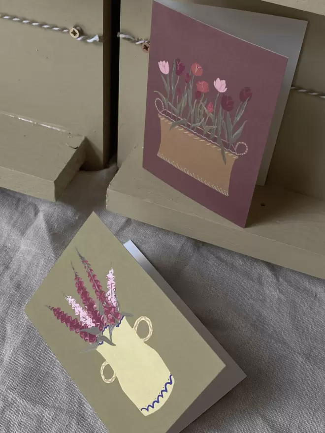 greetings cards with foxgloves and tulip flowers on