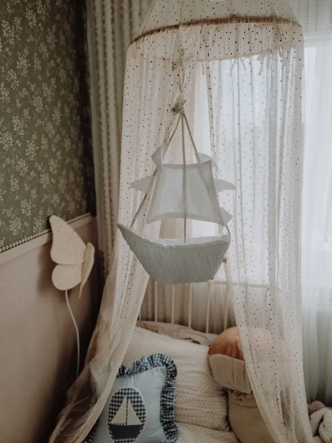 Linen Sailboat Crib Mobile, Nautical Baby Nursery Decor, Ocean Theme Hanging Ornament