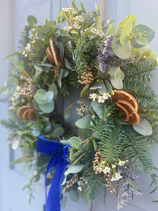 Christmas Marmalade Wreath with Eucalyptus, Pine and Orange Slices, Blue Velvet Bow