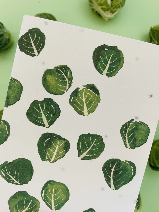 Close up of Ruby & Bo's Brussel Sprout plantable christmas card showing watercolour illustration of brussel sprouts