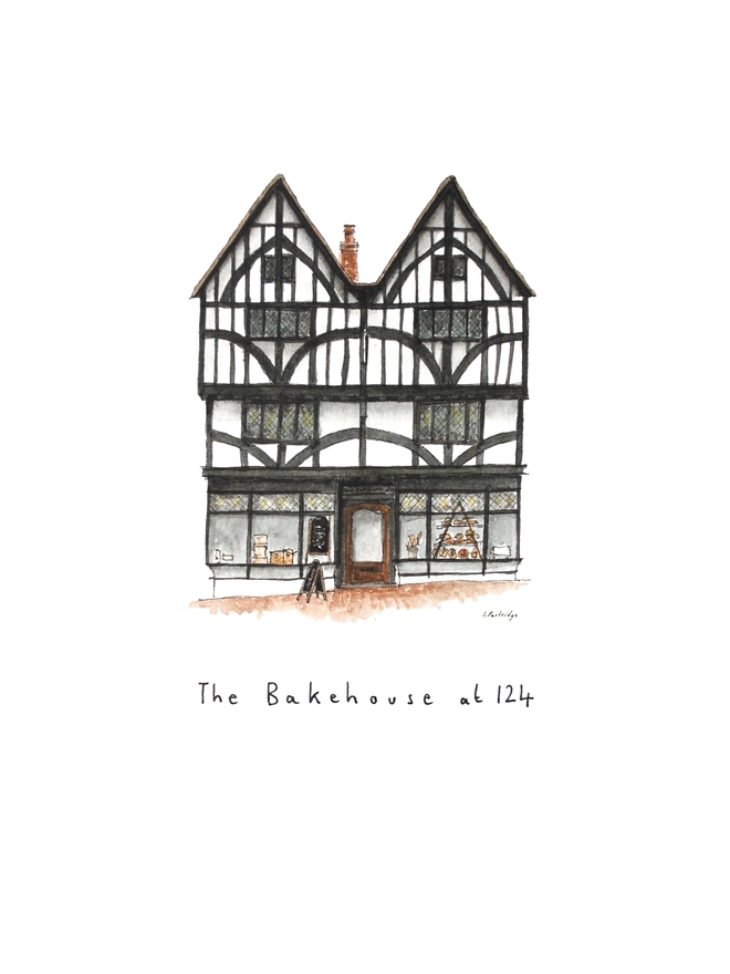 Beautiful watercolour illustration of The Bakehouse at 124, bakery in Tonbridge.  A characterful black and white tudor style three storey building with large windows on the ground floor allowing a glimpse into the bakery.The watercolour style is painted with a black pen outline and organic loose style with small details. The illustration sits on a white background.