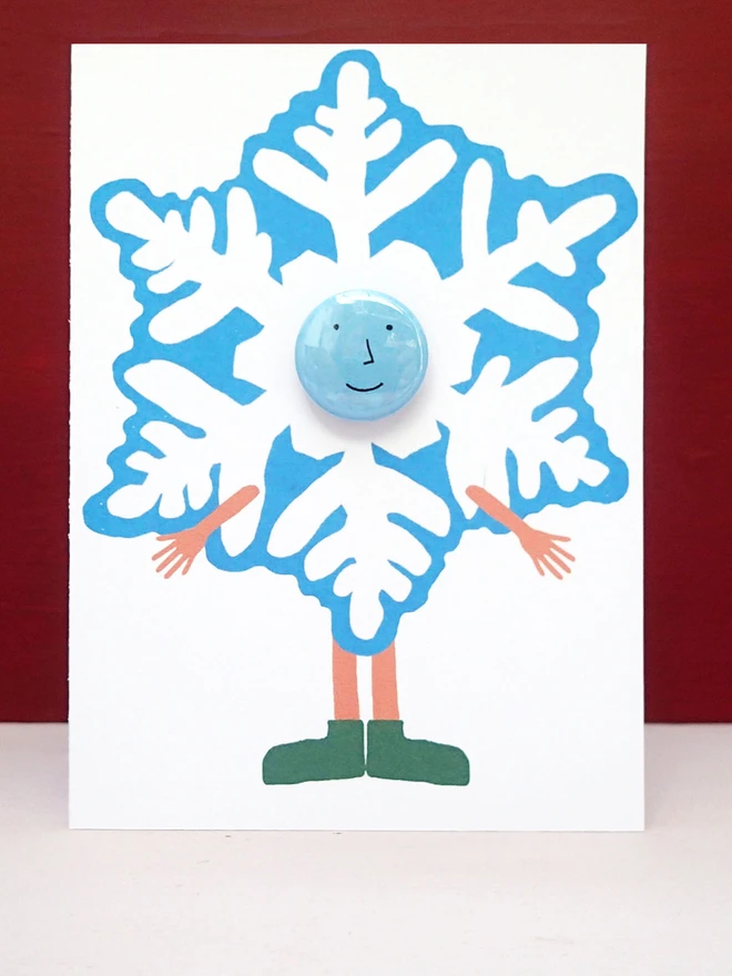 snowflake costume christmas greeting card with pin badge