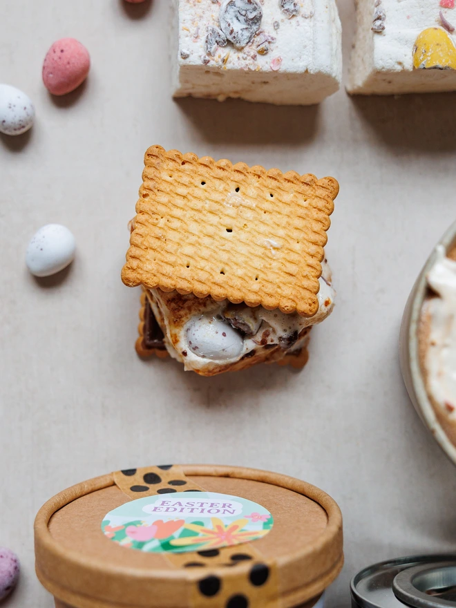 Looking down on biscuits filled with The Mallow Makers toasted marshmallow and mini eggs