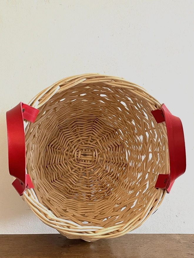 white round willow basket storage basketry one of a kind contemporary interior natural handcrafted red handles
