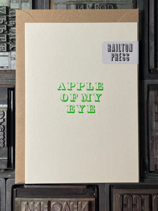 Apple of My Eye Card. A card with simple green lettering.