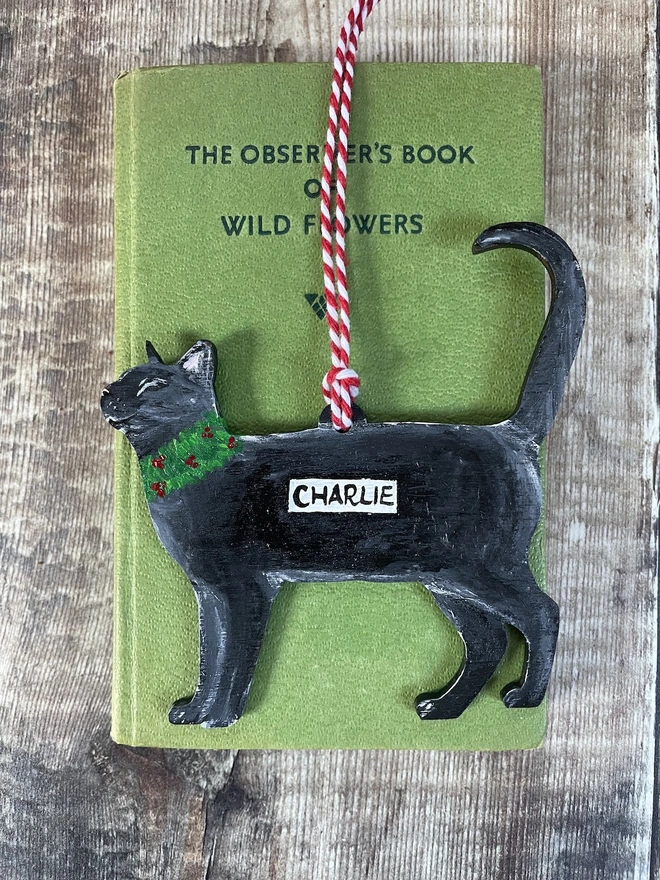 Black Cat Hand-painted personalised Christmas decoration with the name Charlie and hung with red velvet ribbon