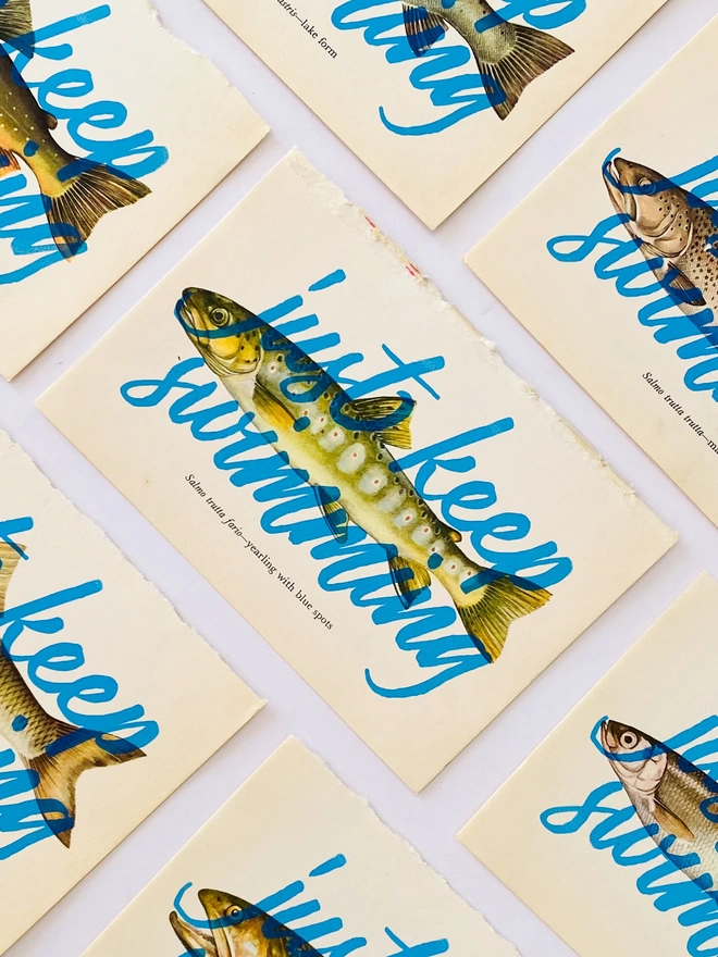 Flat lay showing lucky dip screen prints from Basil & Ford. Just keep swimming hand screen printed over original vintage book pages depicting fresh water fish