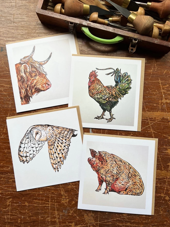 highland cow, cockerel, barn owl, pig linocut and watercolour art cards