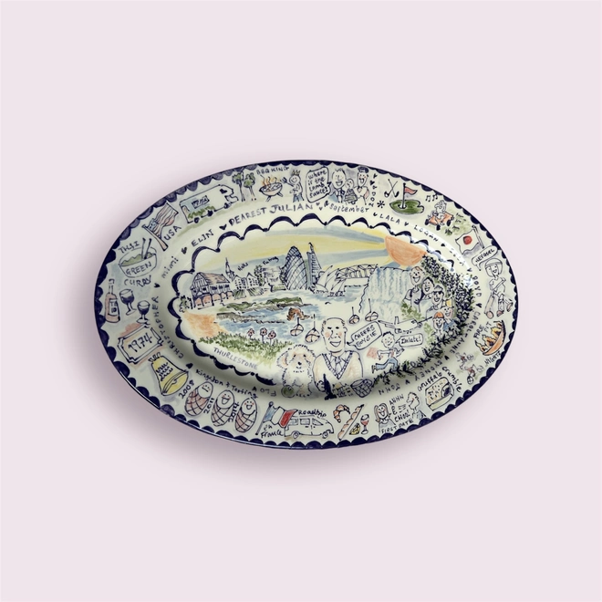 A platter packed with scenes and items that make up a life on a plate. Hand-painted people, pets, places and speech bubbles tell a story in a multicolours