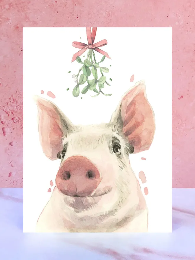 pink pig mistletoe christmas card